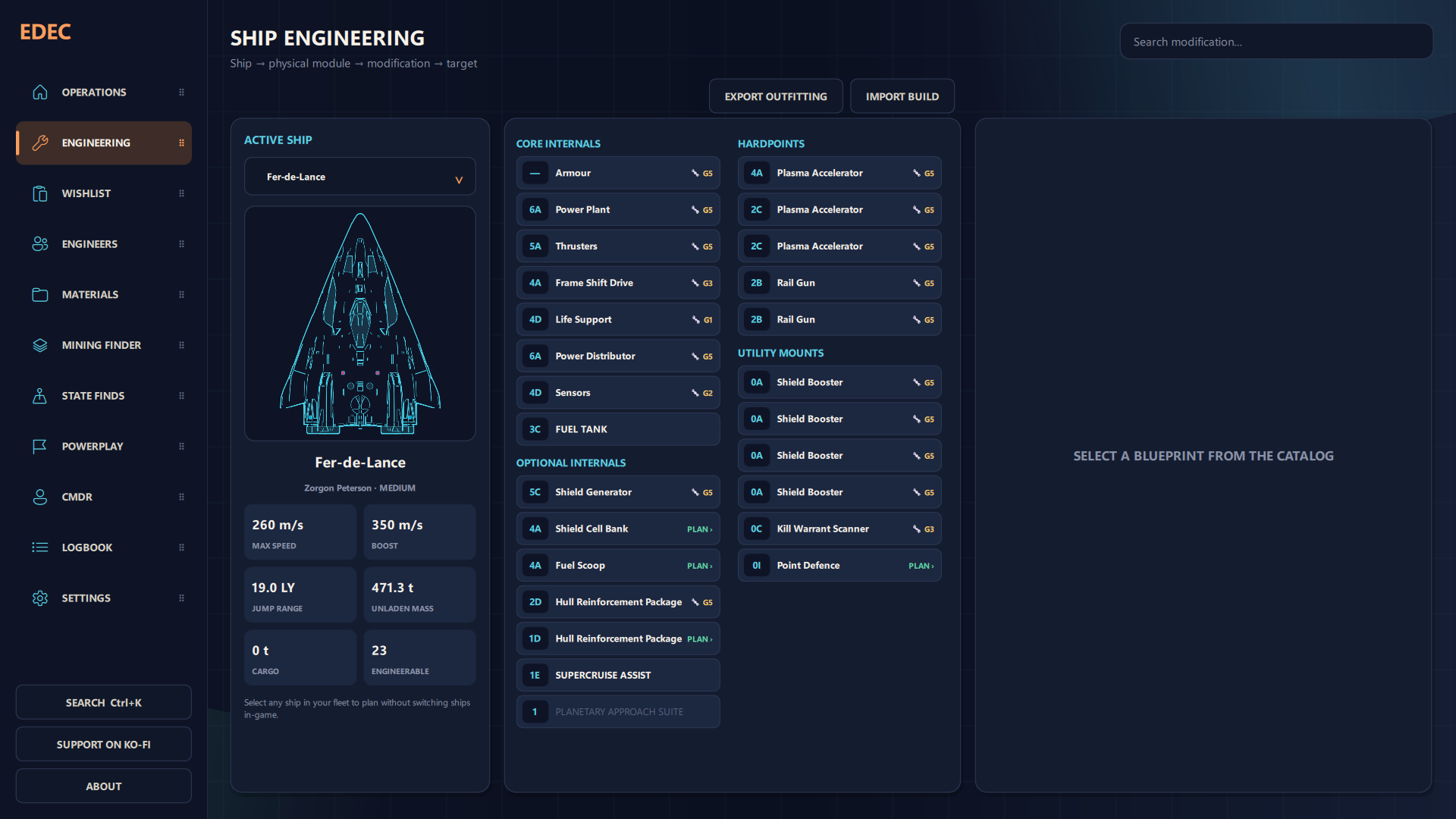 ED-Frame Engineering page showing physical ship slots and installed module grades