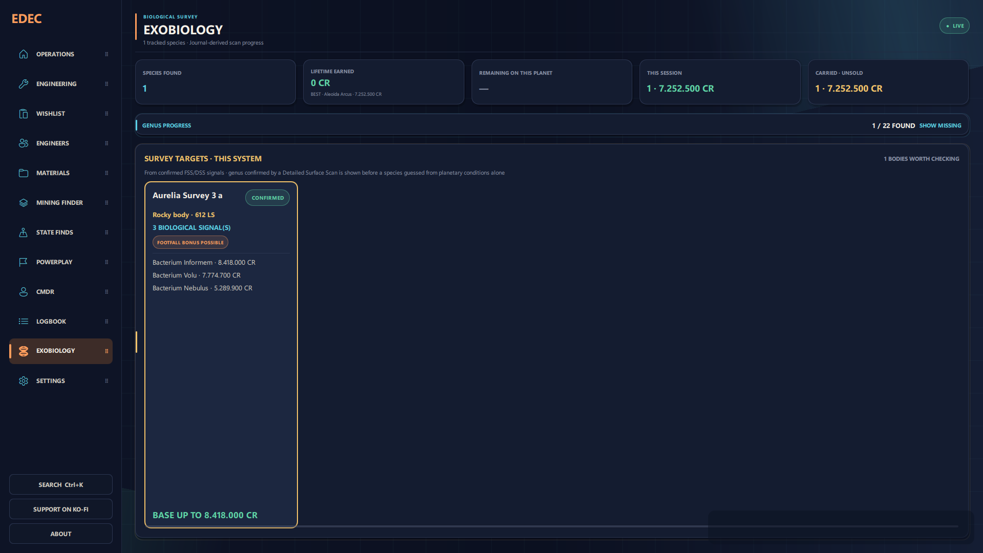 ED-Frame Exobiology page with sample-distance guidance and genus completion